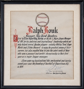 1961 Ralph Houk Sporting News Manager of the Year Award from New York Yankees World Series Champions Record Setting Season (Houk Family LOA) 